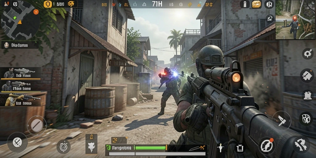 Tangkapan layar gameplay 71H yang menunjukkan aksi tembak-menembak yang intens.
