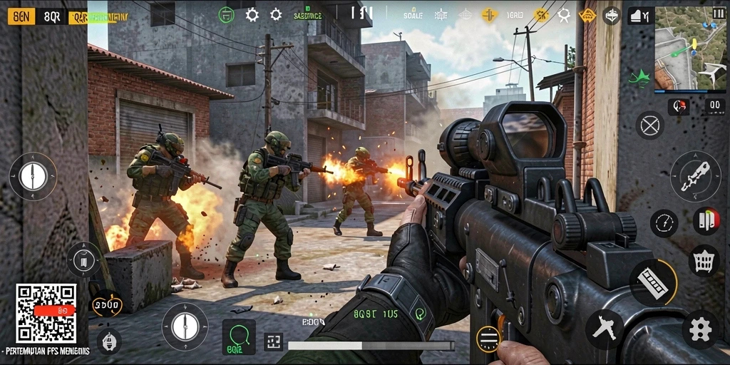 Tampilan gameplay 8QR dengan aksi tembak menembak yang seru.