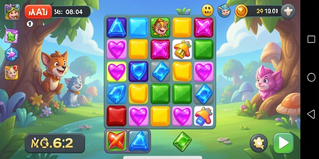 Tampilan gameplay seru di AA62 dengan warna-warni menarik.