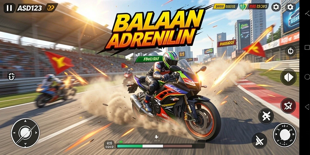 Screenshot dari gameplay balapan motor yang mendebarkan.