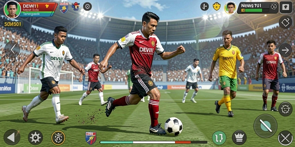 Tampilan gameplay DEWI11 yang menakjubkan dengan aksi sepak bola yang mendebarkan.