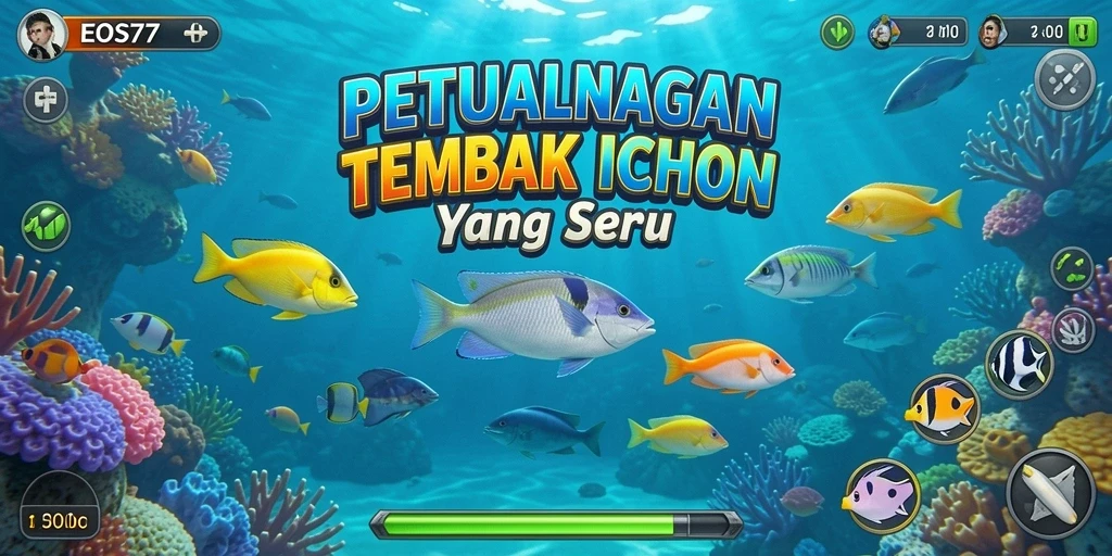 Tangkapan layar gameplay EOS77 yang menampilkan aksi tembak ikan yang seru.