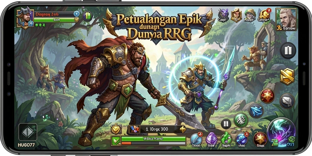 Tampilan gameplay HUGO77 dengan karakter dan pertempuran yang dinamis.