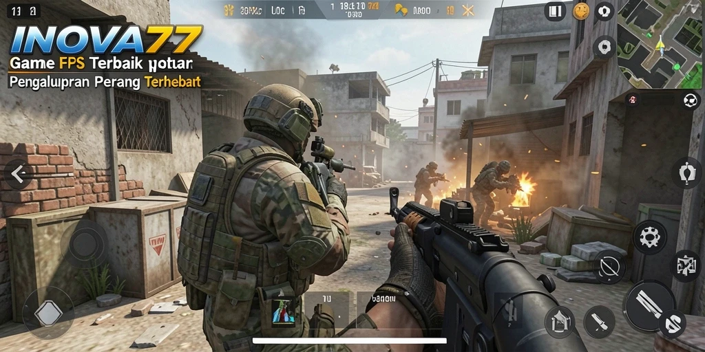 Screenshot gameplay INOVA77 menampilkan aksi tembak-menembak yang mendebarkan.