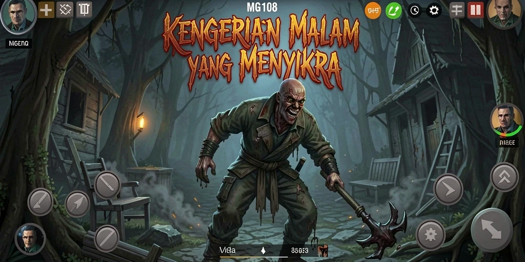 Screenshot gameplay MG108 menampilkan suasana horor yang mencekam.