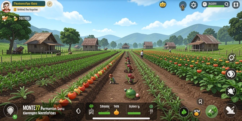Screenshot gameplay MONTE77 menampilkan kebun indah dan hewan ternak.