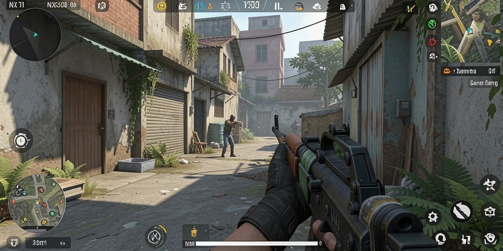 Screenshot utama NX303 menampilkan pertempuran FPS yang intens.