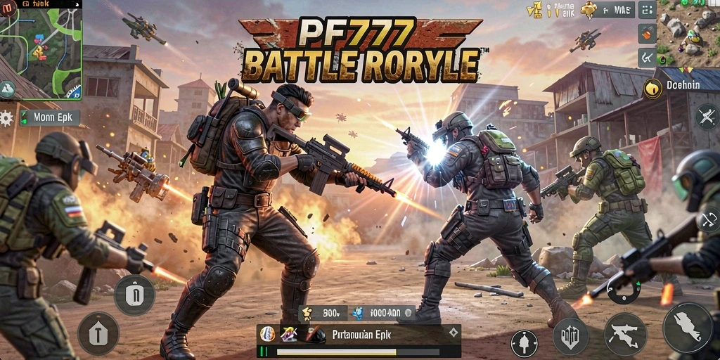 Screenshot gameplay PF777, menampilkan aksi intens di arena Battle Royale.