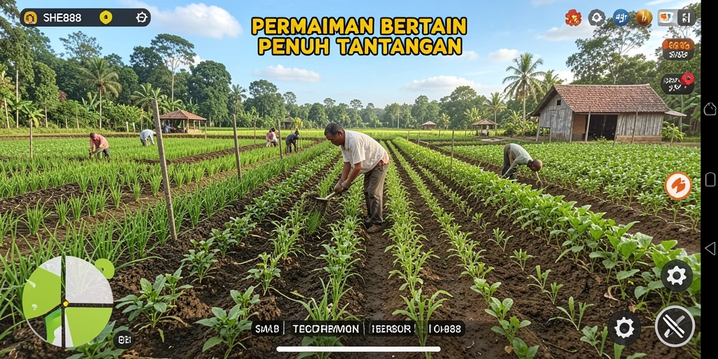 Screenshot gameplay SHE888 menunjukkan suasana pertanian yang indah dan dinamis.