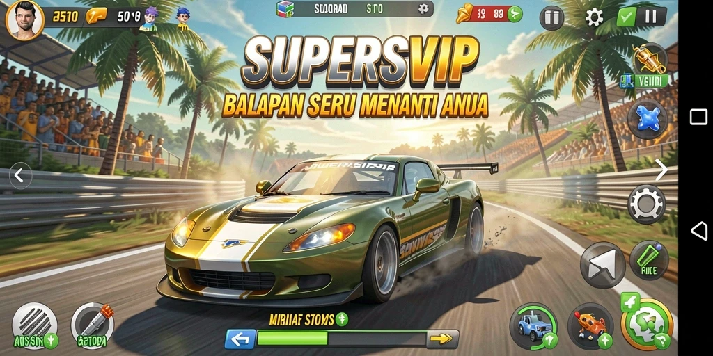 Gameplay racing seru di SUPERSVIP dengan berbagai kendaraan dan lintasan menantang.