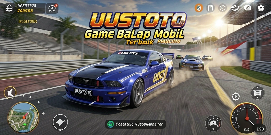 Gameplay UUSTOTO menampilkan mobil balap yang melaju cepat di lintasan.